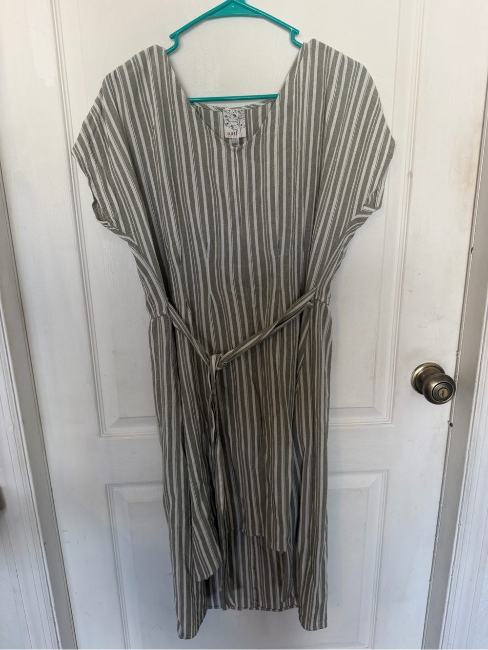 NAIF green and White Striped Belted Midi Dress